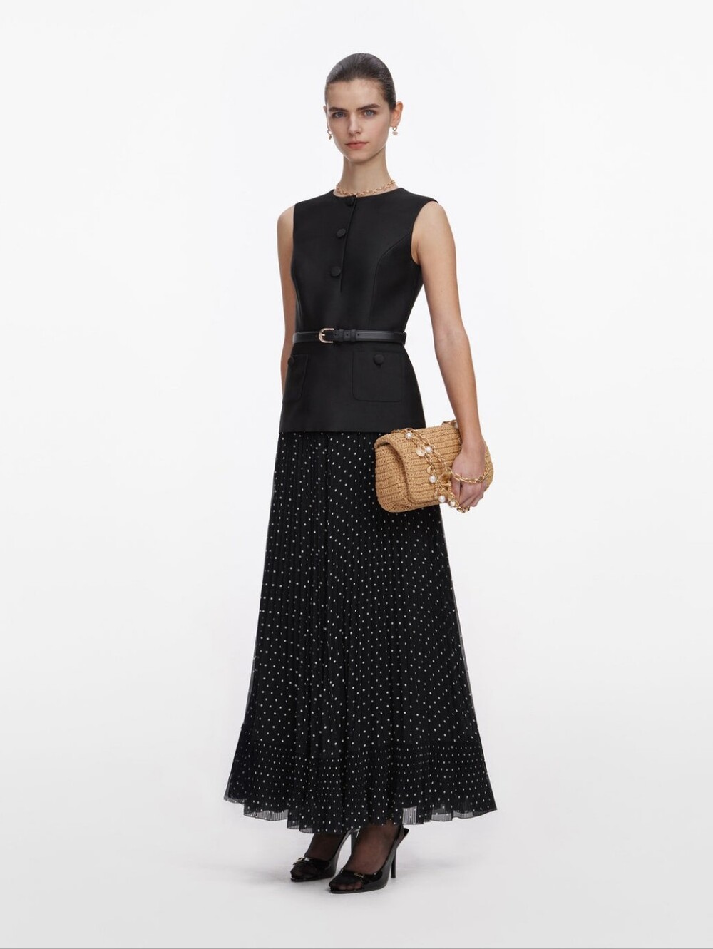 Self Portrait Black Taffeta Polka Dot Midi Dress - Picture 2 of 16